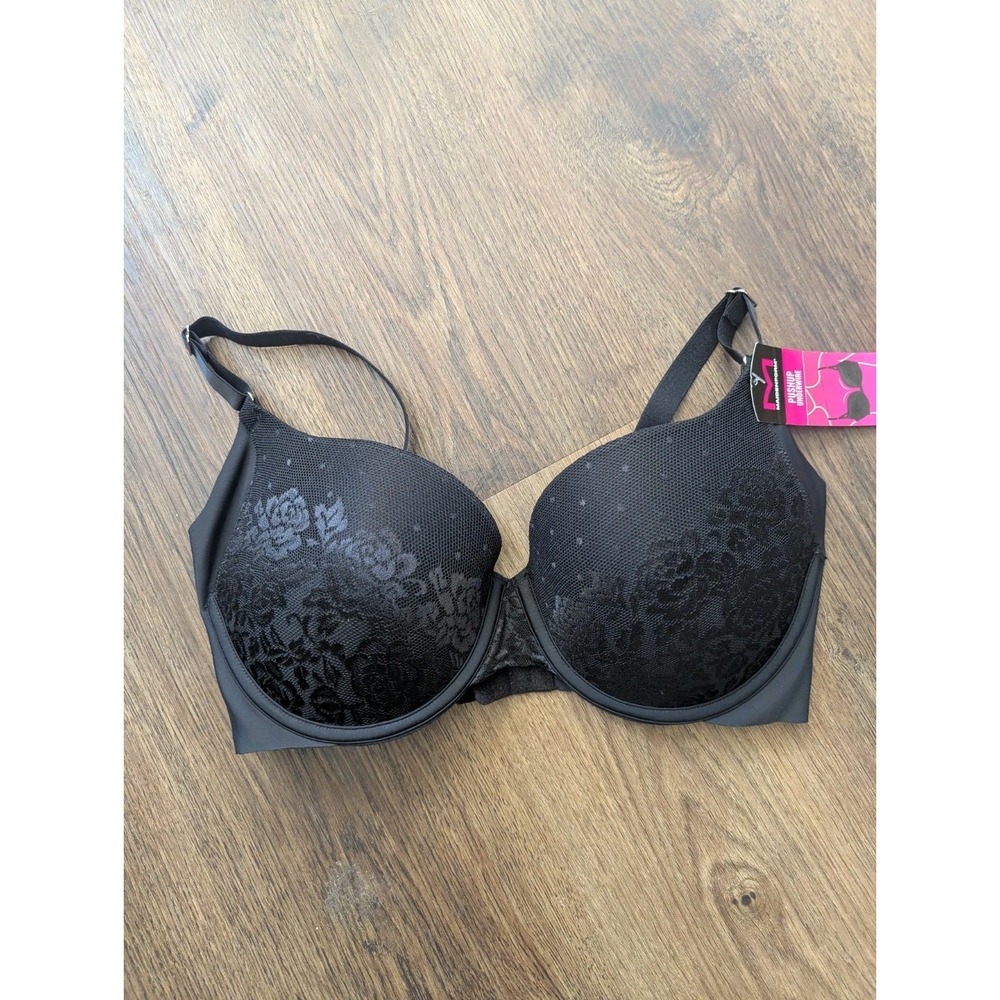Maidenform Bra 38C Black Pushup Underwire Plung Adjustable Lace Floral Detail